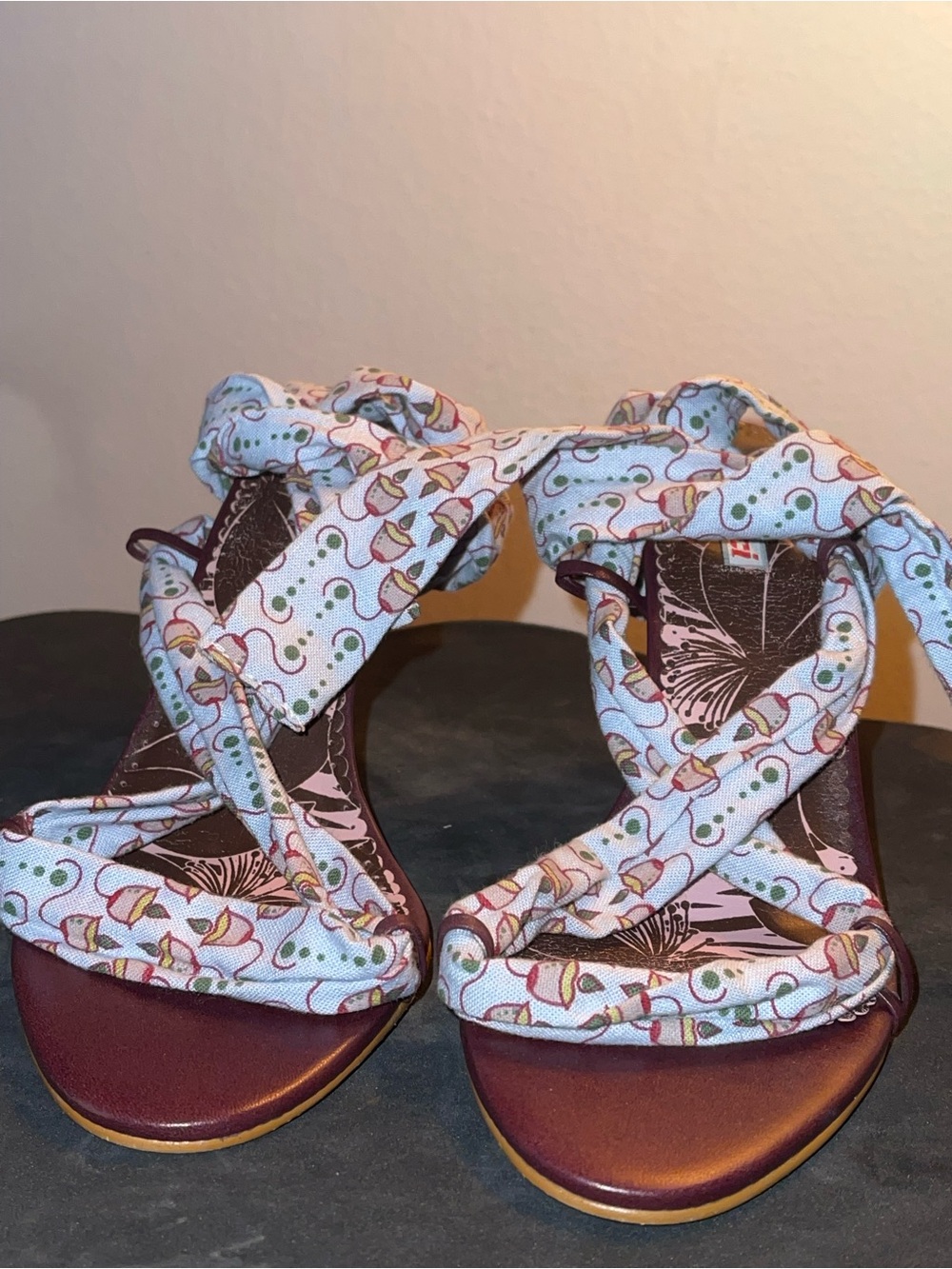 Vintage Fabric Wrap Strap Open-Toe Heels